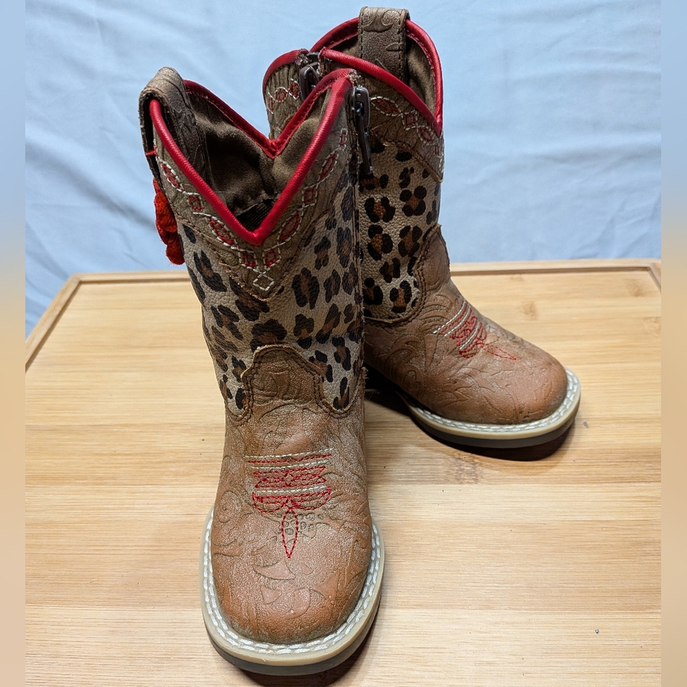 Twister Kids Brown Leopard Print Cowboy Boots with Red Trim